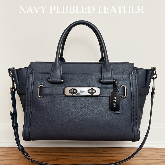 Coach Swagger 27 Navy Pebbled Leather Satchel Bag 37732 - Picture 1 of 16